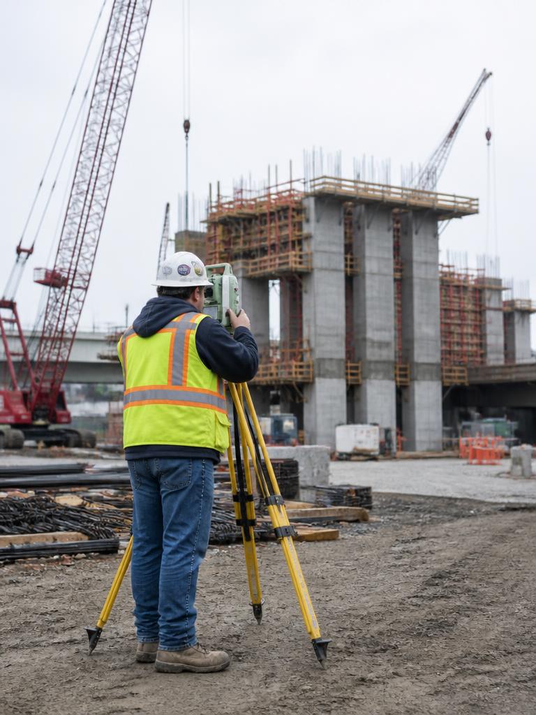 Mätingenjör med totalstation på ett byggprojekt med betongkonstruktioner och kranar