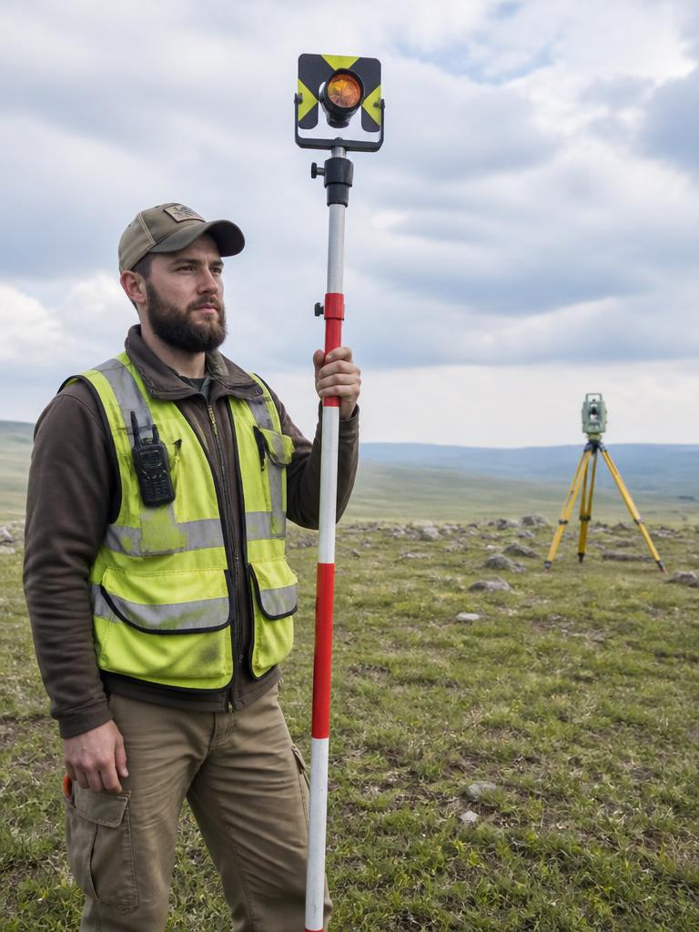 Fältmätare håller mätstång med prisma framför en totalstation i öppen terräng